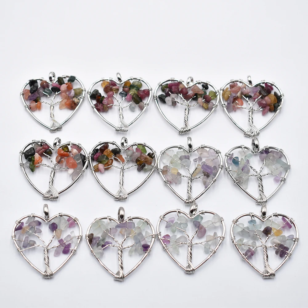 Wholesale 12pcs/lot natural fluorite stone heart Tree of life handmade wire color wire wrapped Pendants 30mm for jewelry marking