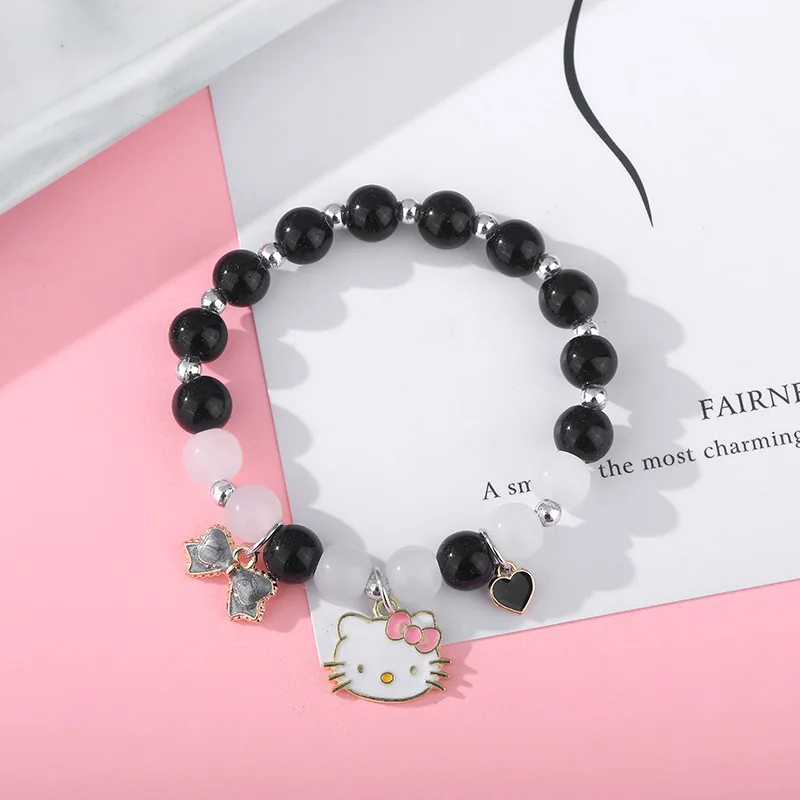 Cartoon Charms Bracelets Kawaii Hello Kitty Pendant New 18Cm Imitation Pearl Crystal Glass Beads Bangle Jewelry Gifts for Girls