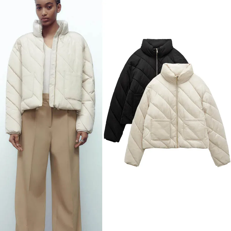 

Autumn Winter New Women's Loose Cotton Stand Collar Bread Diagonal Stitching Cotton Coat Outerwear