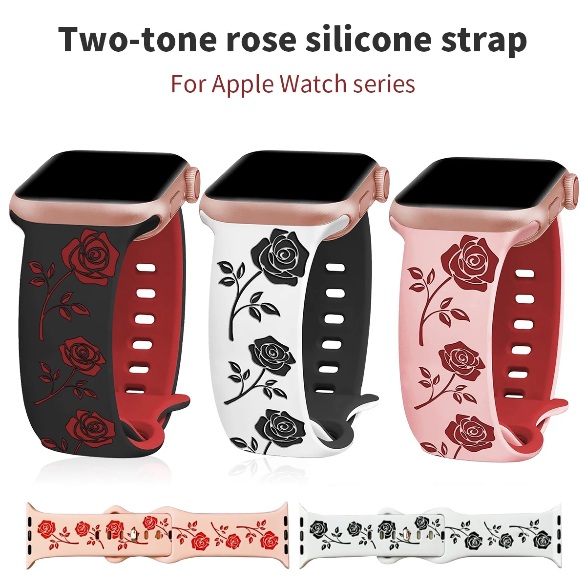 Silicone two-color rose print strap for Apple Watch 49/46/45/44/42/41-38mm female niche design sports strap for iwatch S11/10/9