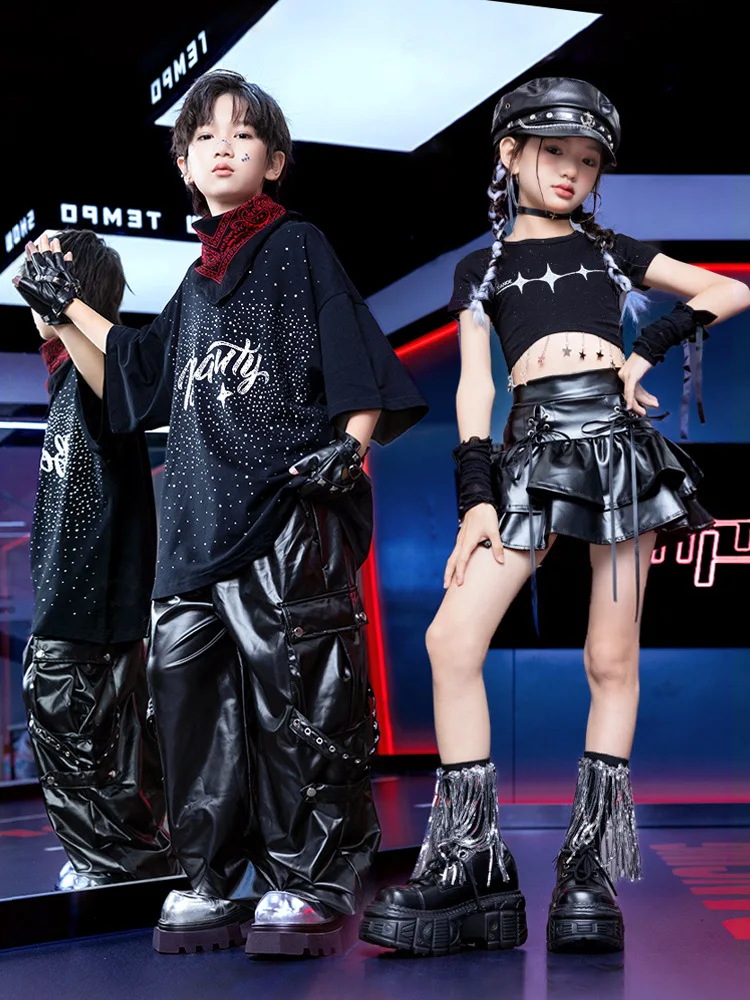 

Kid Kpop Hip Hop Clothing Black Stoned Star Crop T Shirt Faux Leather Layer Skirt Cargo Pants for Girl Boy Dance Costume Clothes