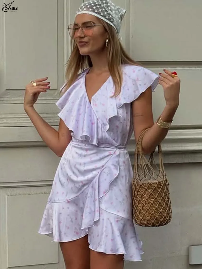 

Oymimi Elegant Purple Print Women's Dress Fashion V-Neck Ruffled Sleeveless Dresses Casual Lace-Up Loose Mini Dresses Streetwear