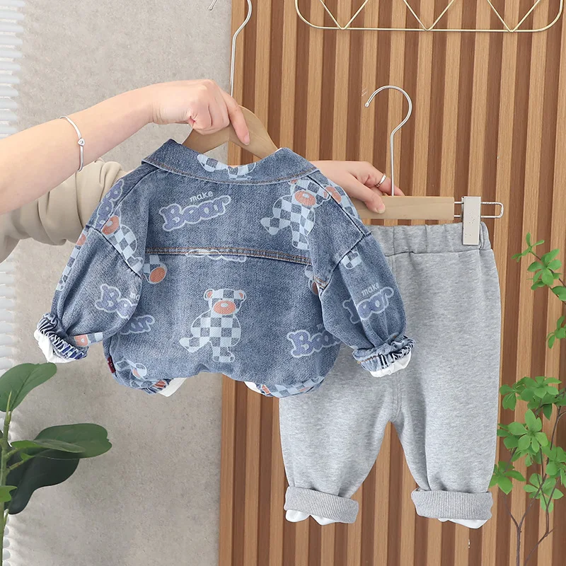 Boys' Spring Fashion Fashionable Children's Clothing Little Bear Cowboy Three Piece Set Baby Spring Children's Clothing
