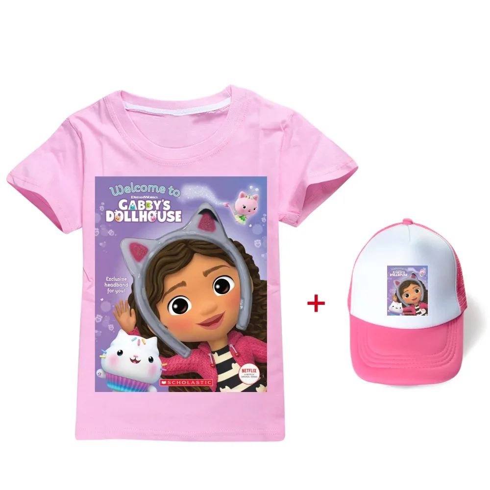 

Gabby Doolhouse Clothes Kids Summer T Shirt Little Girls Cute Gabbys Cat T-shirt with Sunhat 2 Pcs Suit Boys Short Sleeve Tops