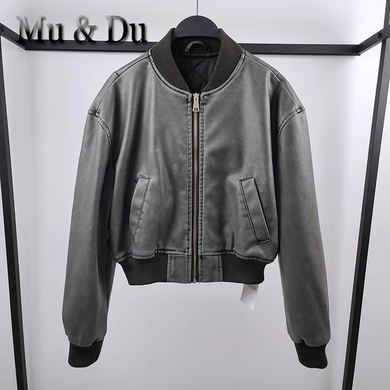 Mu&Du 2023 Autumn Vintage Distress Faux Leather Zip Pocket Crop Bomber Jacket Female Pu Street Short Baseball Coats Outwear Chic