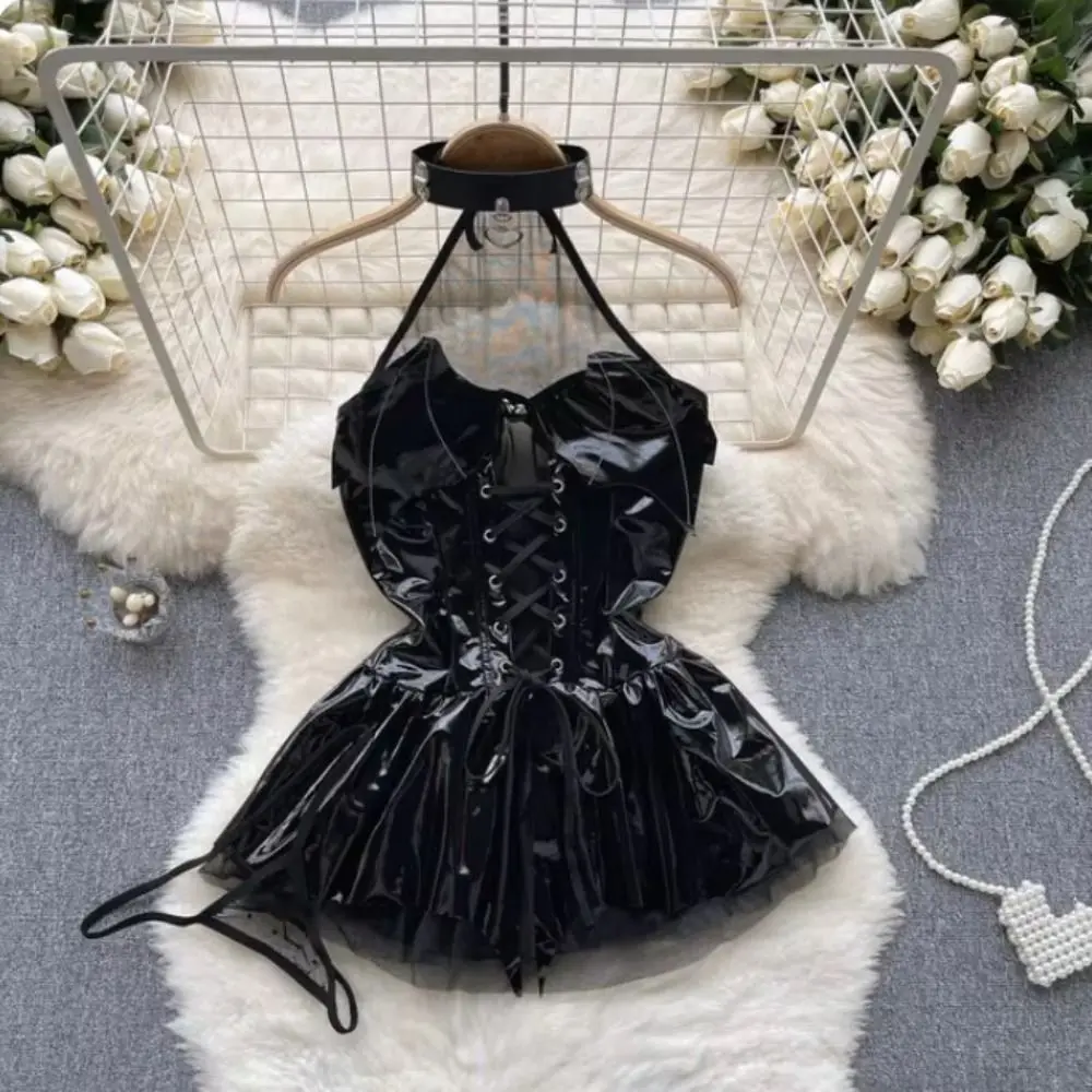 

Punk Gothic Leather Halter Dress Backless Babydoll Lace Up Nightdress Cosplay Costumes Hollow Bats Punk Dress Happy Halloween