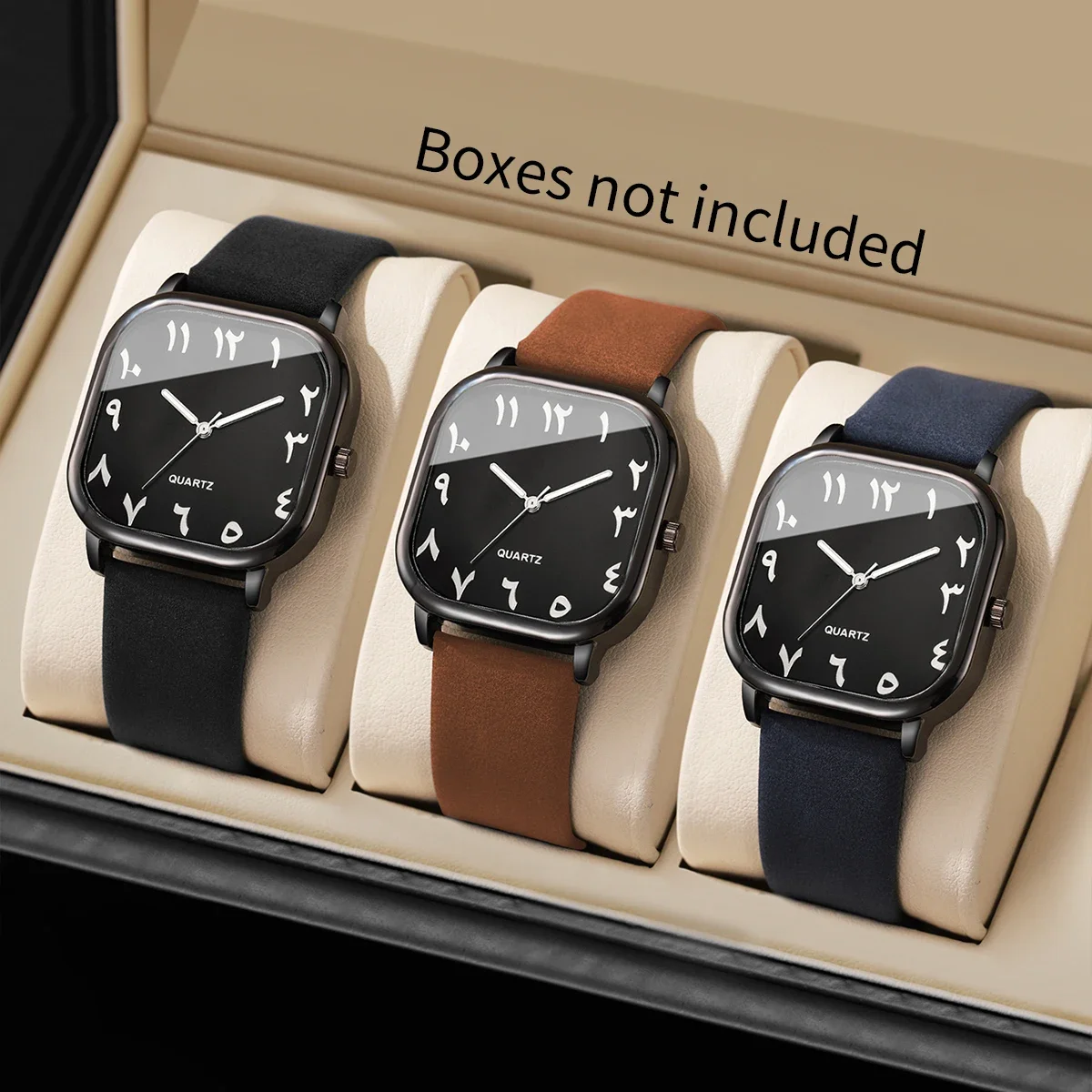 3PCS/Set Fashion Square Men Quartz Watches Leather Strap Creative Arabic Dial Wristwatches Relogio Feminino (Without Box)