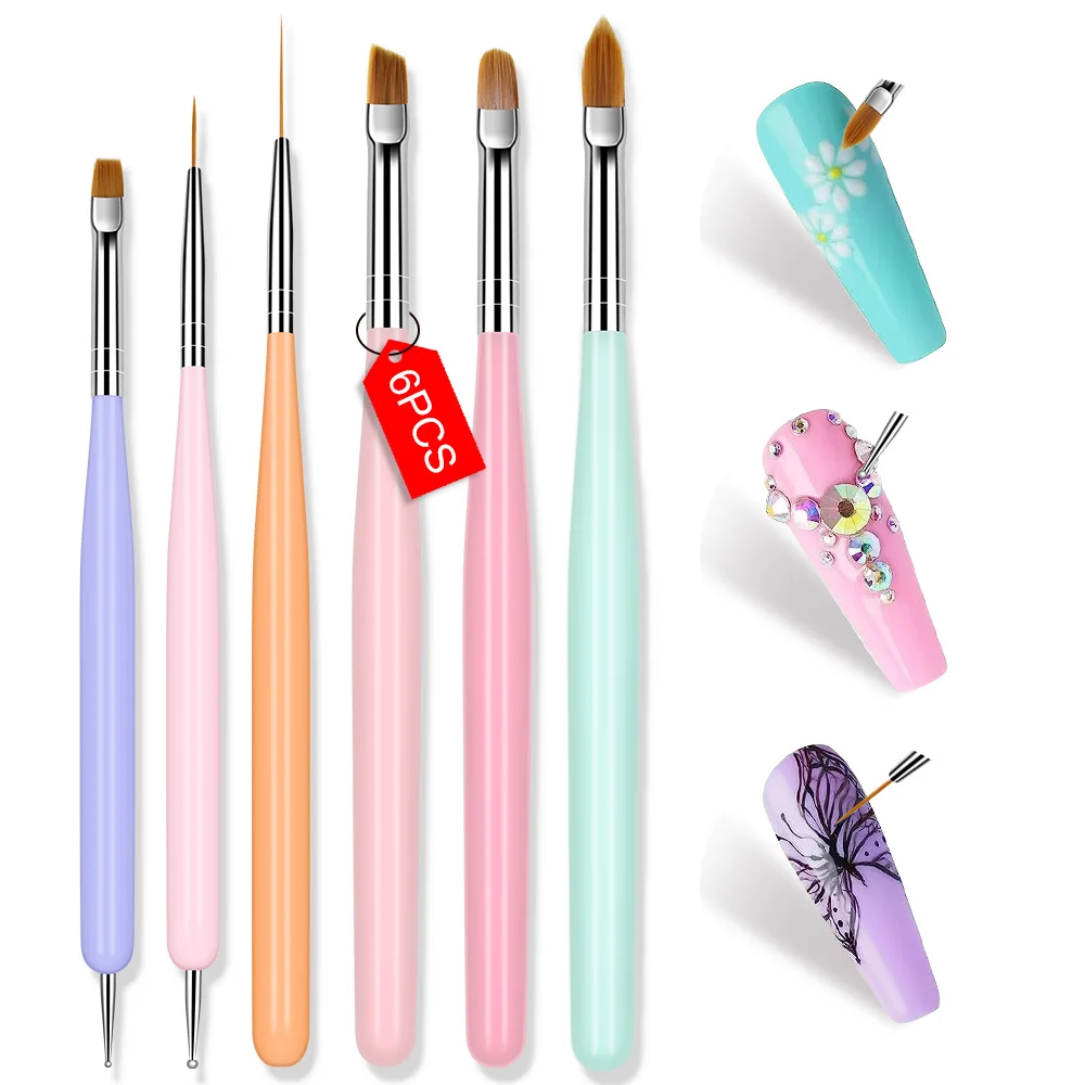 LIMEGIRL 6 Set Macaron Color Nail Brush UV Gel Acrylic DIY Nail Art Uchimura Brush Kit Extended Painting Nail Art Kit Tools