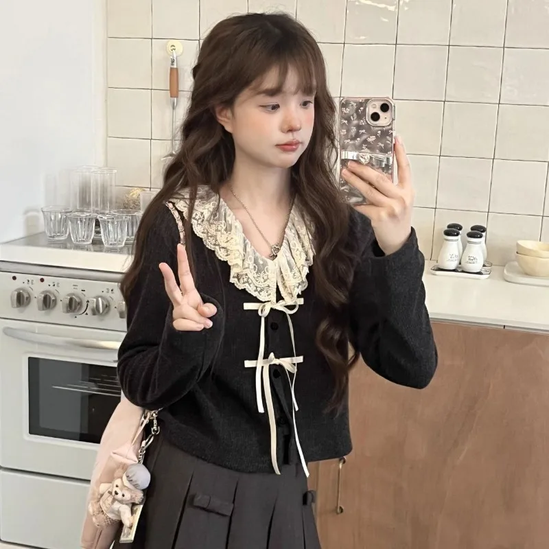 Deeptown Kawail Lace Up Knitted Cardigan Sweater Japanese Fashion Women\'s Aesthetic Knitwear Spring Cute Sweet Preppy Korean