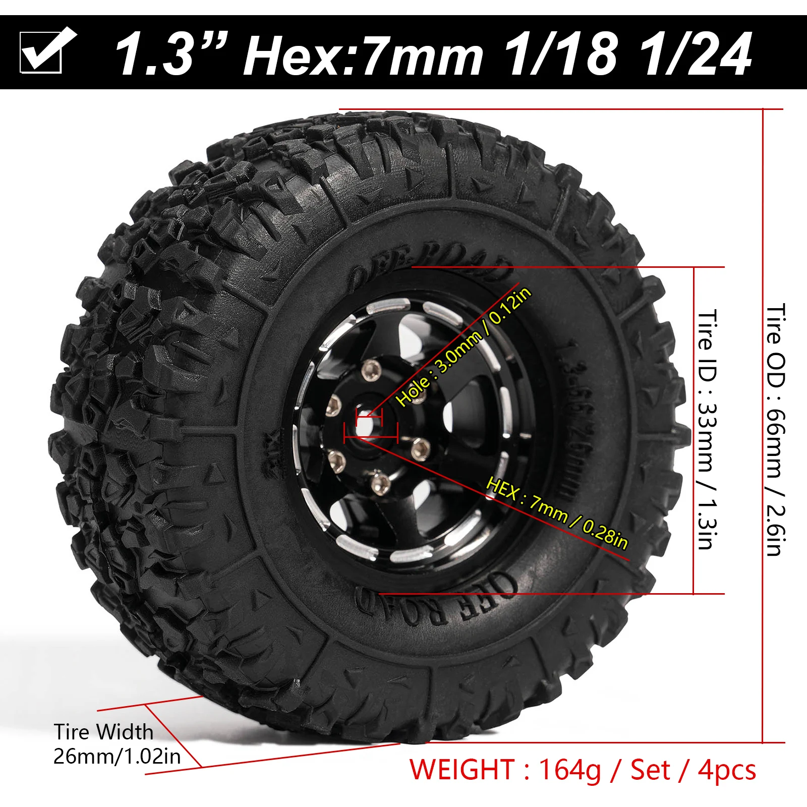DUSTAIL 1.3인치 휠 타이어 66 x 26mm 스왐프 클로 진흙 지면 타이어 1/18 1/24 RC 크롤러 자동차 업그레이드용 (WT130101)