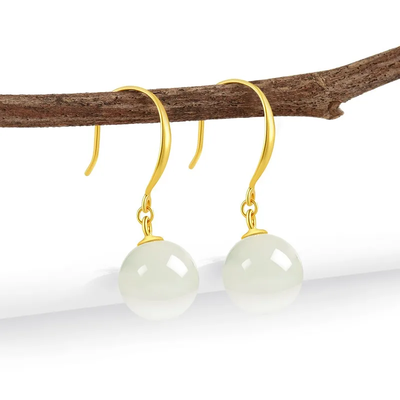 

TIMESWIND женские серьги-подвески из серебра S925 с натуральным нефритом и белыми круглыми бусинами с сертификатом