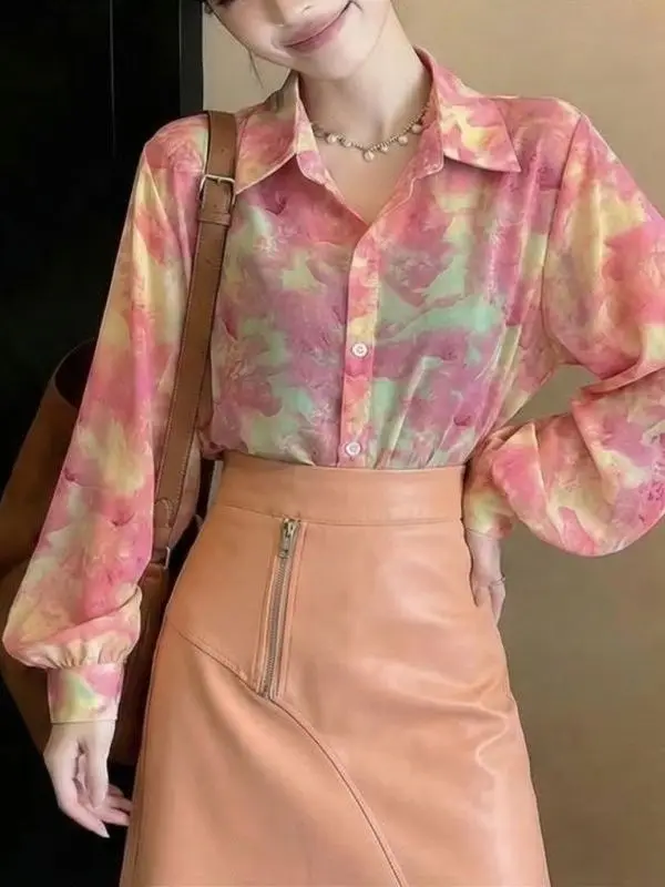

Pink Printed Lantern Sleeve Chiffon Shirt Fashionable Slimming New 2026 Dream French Style Loose Fit Breathable Long Sleeve