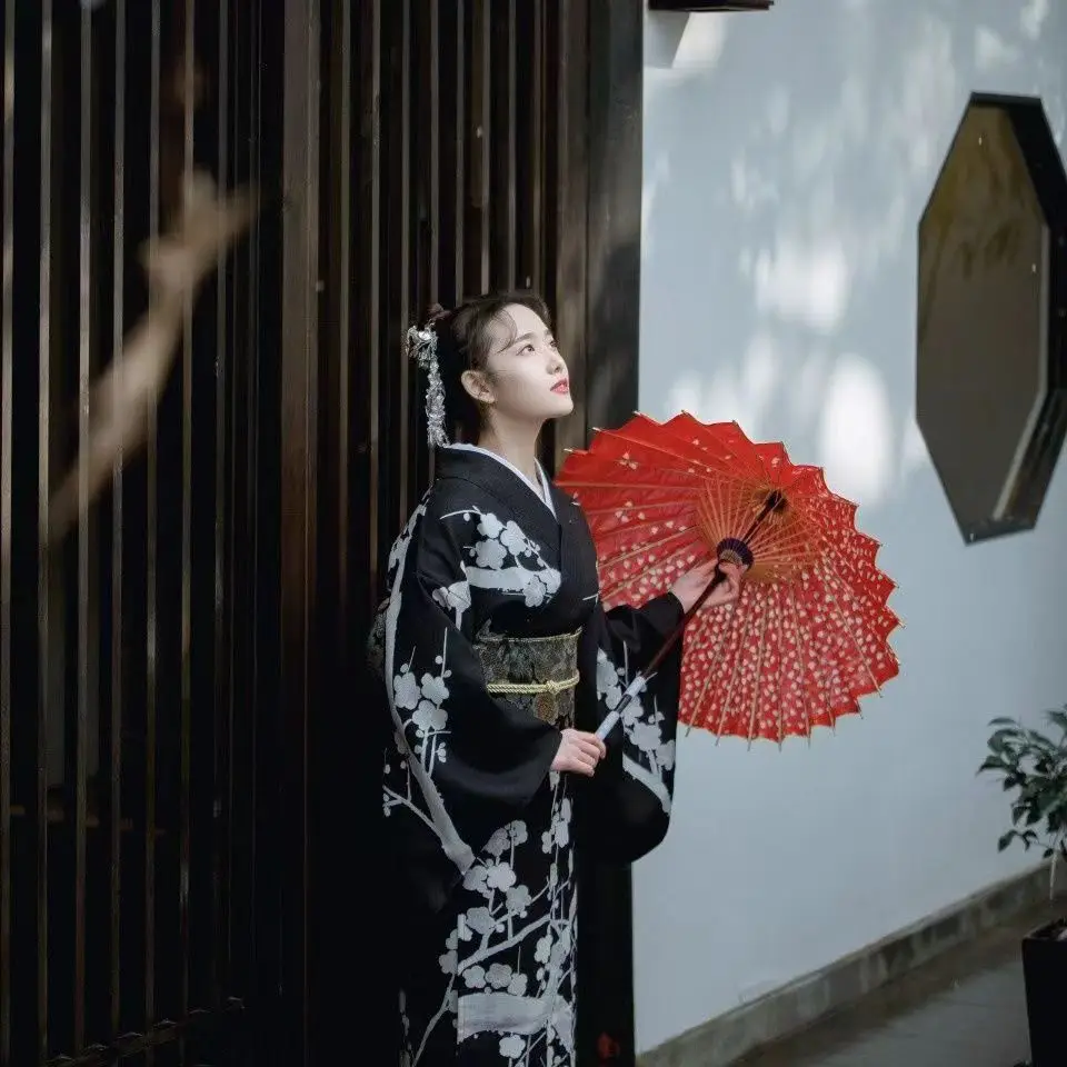2023 Vintage Style Women\'s Long Dress Traditional Japan Kimono Black Color Yukata Bathrobe Cosplay Clothing Photography Dress