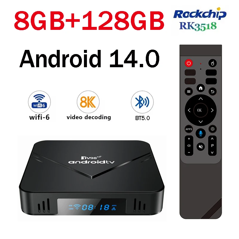 New Smart TV Box 8K TV98 Rockchip RK3518 Android 14.0 Dual WiFi 6 BT5.0 8GB 128GB 4K Ultra HD X13 Voice Remote Media Player IPTV