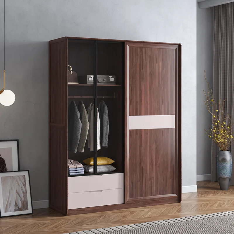 Nordic light luxury solid wood bedroom sliding door wardrobe log modern simple glass door wardrobe