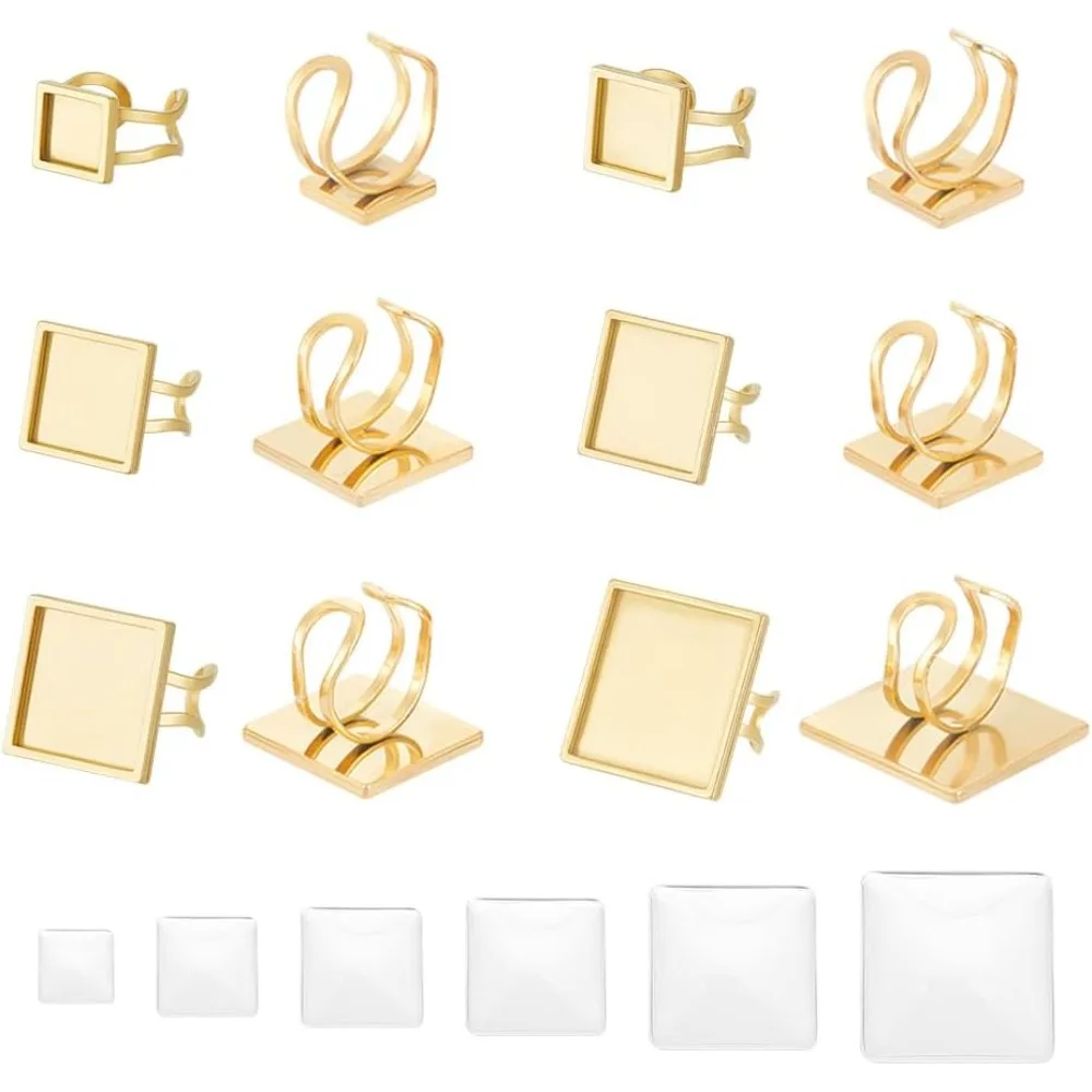 

6 Sets 6 Sizes Blank Finger Ring Adjustable Stainless Steel Cuff Pad Ring Settings Square Cabochons Rings Flat Blank Ring