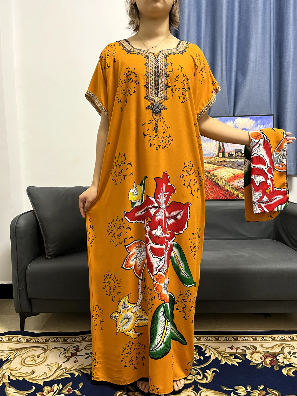 Muslim Fashion Cotton Abayas For Women Dubai Turkey Short Sleeve Loose Dress Print Floral V-neck Novelty Maxi Kanga Clothing