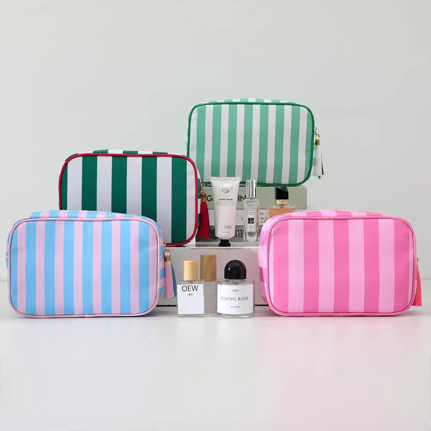 Große gestreifte tragbare Kosmetiktasche für Damen, Make-up-Tasche mit Quasten und Reißverschluss, große Kapazität, lässige Tragetasche mit Reißverschluss – Detail 12