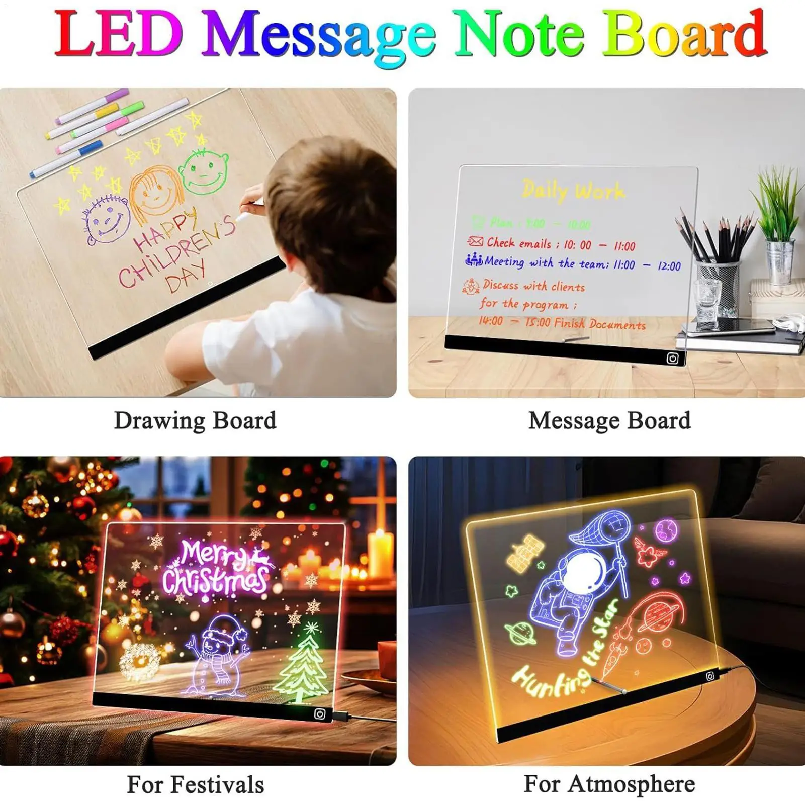7색 LED 라이트 드로잉 보드, 건식 지우기 터치 컨트롤 공예 장난감, 어린이용 야간 조명, 가정 사무실 학교용