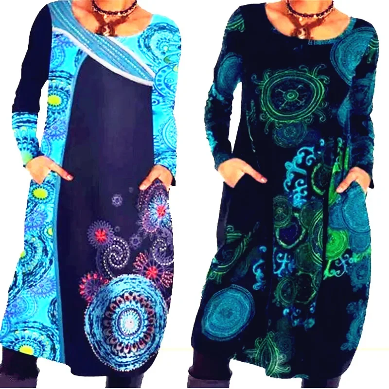 

Women Loose Vintage Ruffles Dress Large Big Printed Spring Long Full Sleeve Boho Summer Casual Party Pocket Dresses 5XL