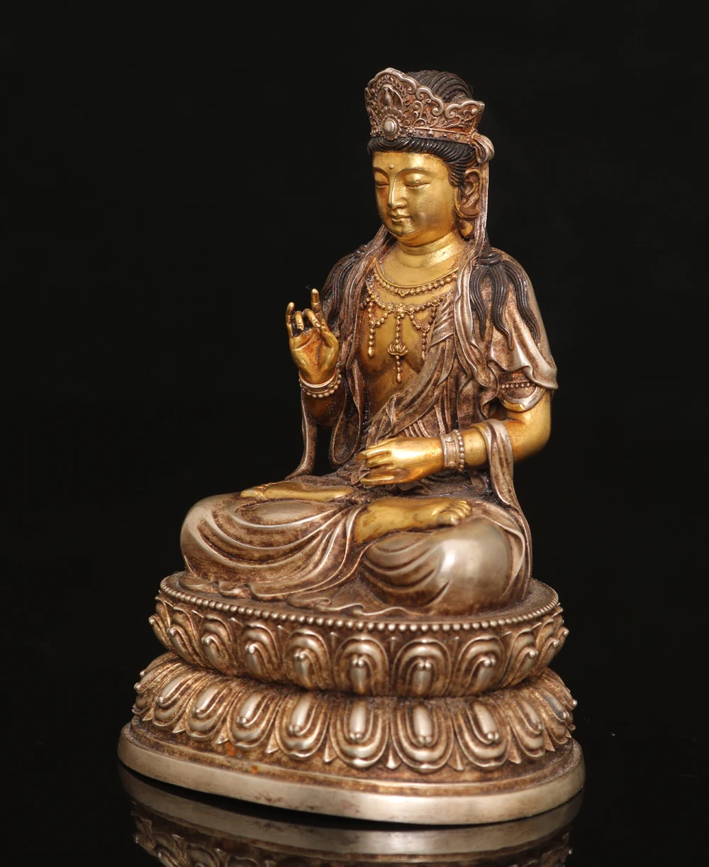 Tibetan copper gilt silver Bilujana Buddha Tara Guanyin Buddha statue small ornament Jutang incense case offering 10cm