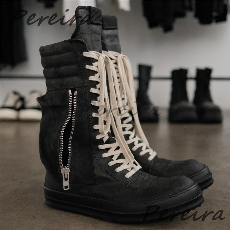 

Black Suede Flat High Top Sneakers for Men Pocket Design Round Toe Cross Strap Zipper Short Boots Autumn Winter New Male Shoes