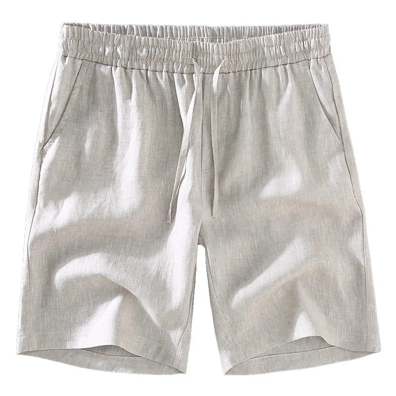 100 % Leinen, gute Qualität, Sommermode, Herren-Freizeitshorts, japanischer Stil, elastische Taille, einfarbig, einfach, vielseitig, Halbhose