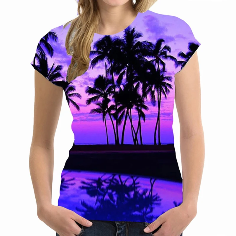 Kaos T-Shirt Kasual Lengan Pendek Ukuran Besar Harajuku Wanita Atasan Pakaian Kaos Hawaii Cetakan 3D Pohon Palem Streetwear Wanita