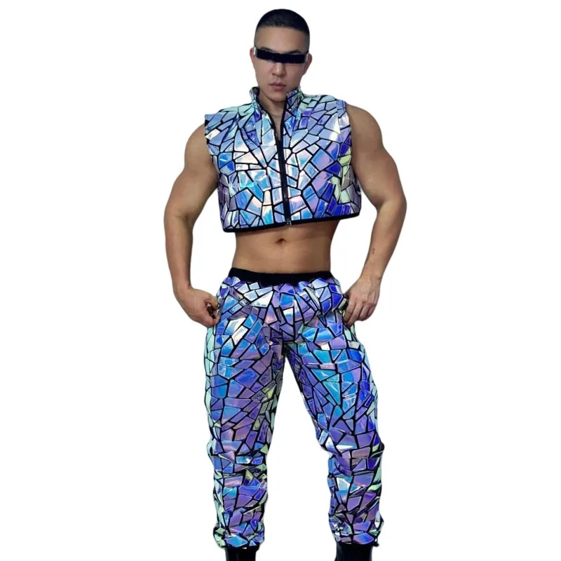 ชุดเต้นแจ๊สสำหรับนักเต้นชาย เสื้อกั๊กและกางเกงประดับเลื่อมวิบวับ เหมาะสำหรับการแสดงบนเวที งานปาร์ตี้ไนต์คลับ และการแสดงโชว์
