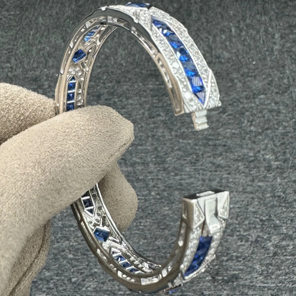 Wong Rain-Sapphire Pulseiras de Pedras Preciosas para Mulheres, Pulseira Diamante de Alto Carbono, 100% 925 Sterling Silver, Joias Finas Vintage, Presentes