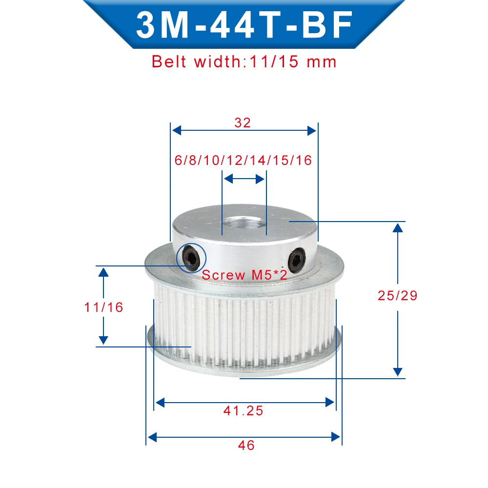 3M-44T Alloy Pulley Circular Arc Tooth Inner Bore 6/8/10/12/14/15/16 mm Aluminum Pulley Wheel For 3M Rubber Belt Width 10/15 mm