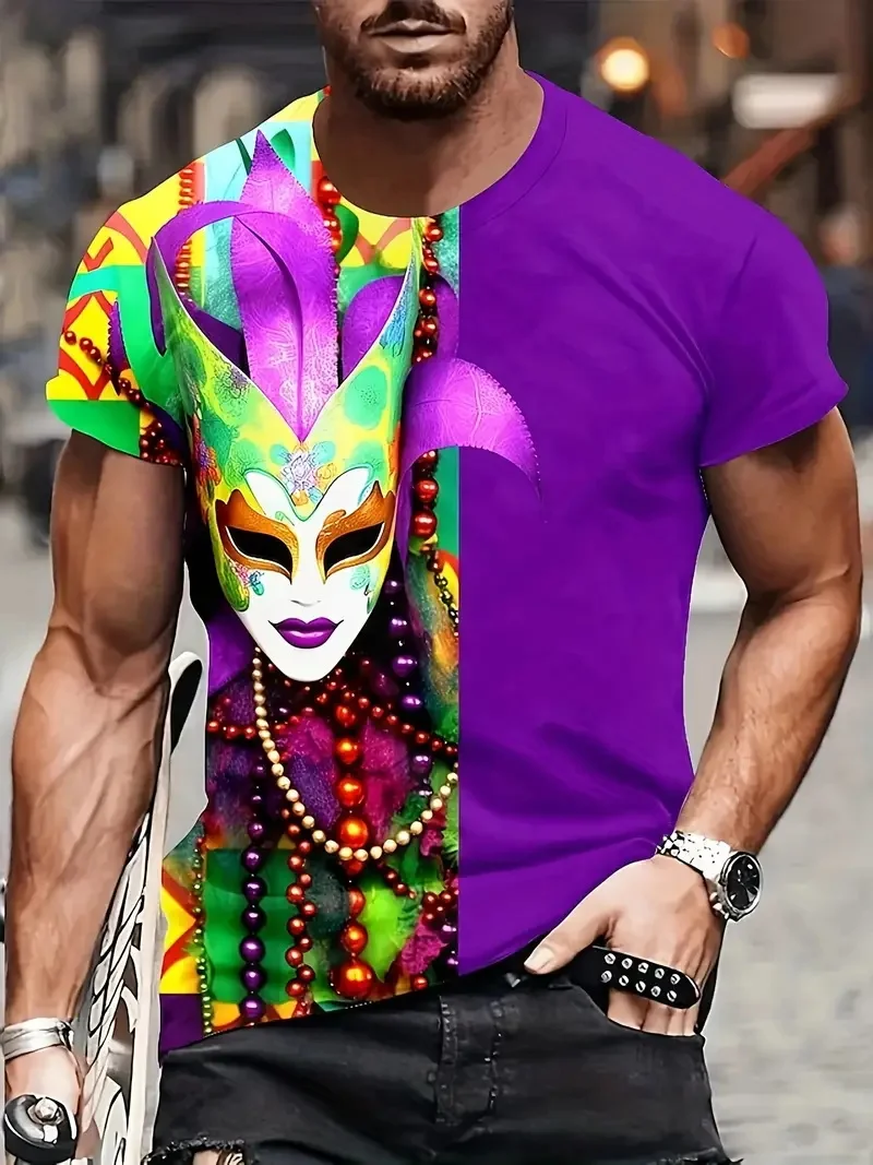 Men's Novelty Mardi Gras T-Shirt Short Sleeve Crew Neck Plus Size Tee Shirt Clothes Masquerade Pattern Party Tshirts For Men