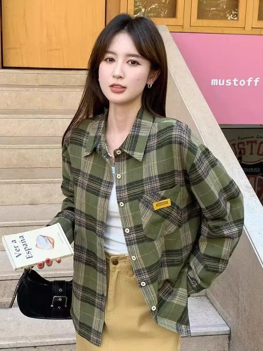 Retro Sle Plaid Long Sve Women's irt Winter New Design Versatile Outerwear Cardigan Trendy Collar Regular Length