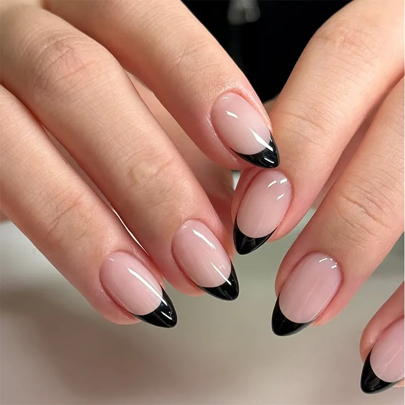 

24Pcs Short Almond Fake Nail with Black Edge French Design False Nails Press on Simple Detachable Finished Full Cover Nails Tips