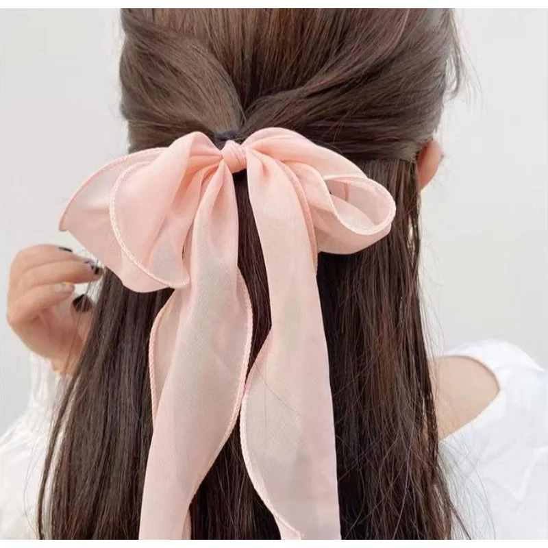

Summer Solid Color Lace Yarn Ribbon Hair Scrunchies Women Bow Elastic Hair Rope Ponytail Holder Girls Hair Ties Accessories