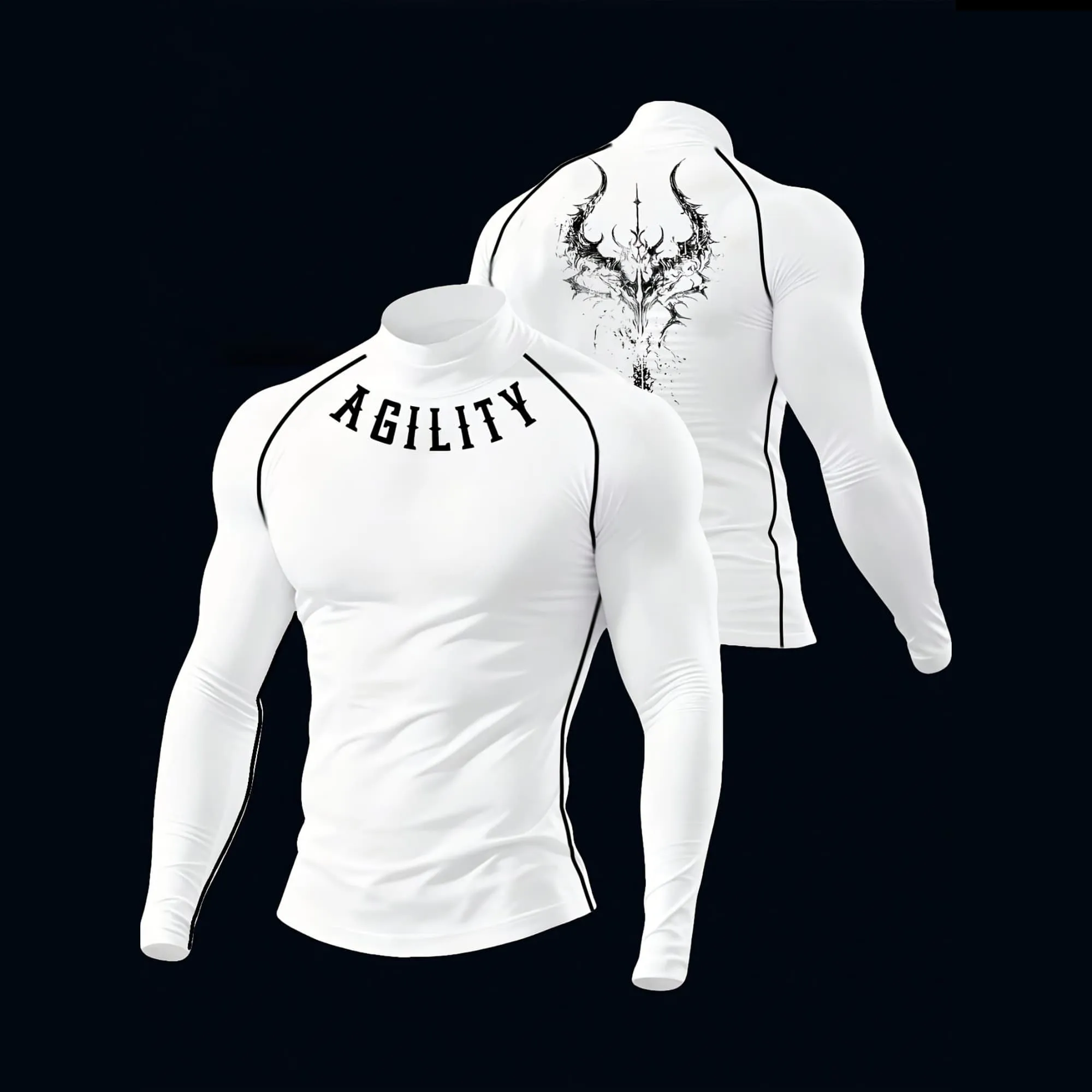 Dunkles Gothic-Sport-Kompressionsshirt mit Dämonen-Totem-Aufdruck, Stehkragen, für Männer, zum Gewichtheben und Laufen, Langarm-Sportbekleidung – Detail 7