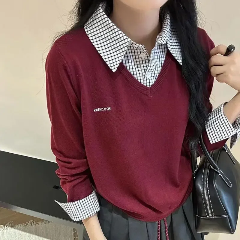 

Collar Female Clothing Button Loose Fake Two Pieces Casual Shirt Commute Plaid Spliced Knitted Blouse Spring Autumn Turn-down