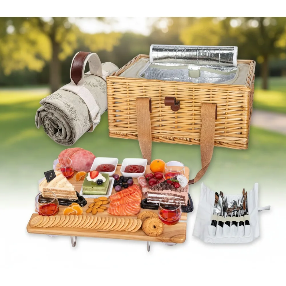 

4-Person Wicker Picnic Basket Set with Folding Wine Table, Insulated Cooler Bag & Cutlery Kits - Perfect Wedding & Couple Gifts