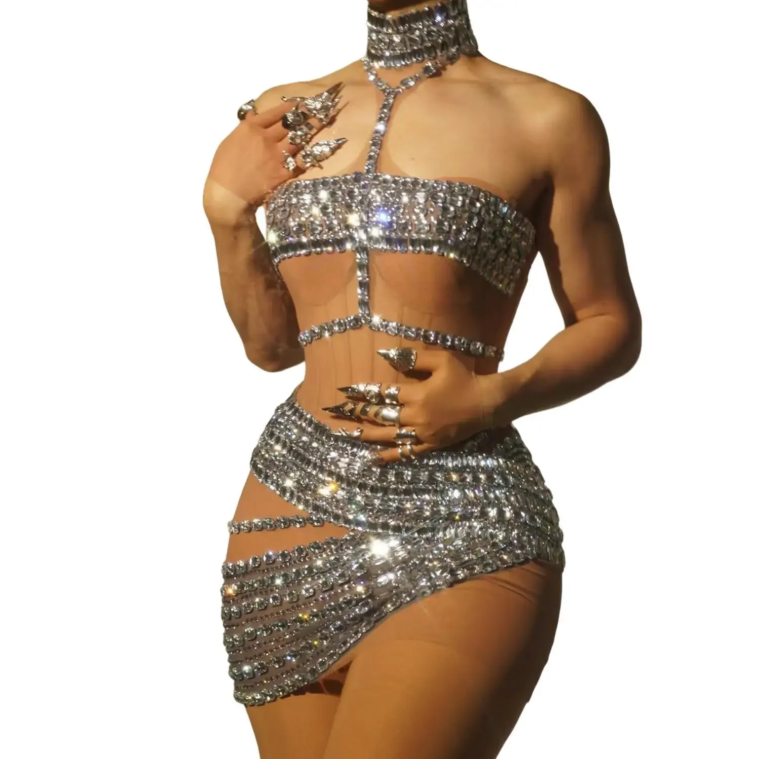 

Sparkly Rhinestones Short Dress Women Sexy Mesh Celebrate Prom Gown Birthday Party Dress Performance Stage Wear Fangtang