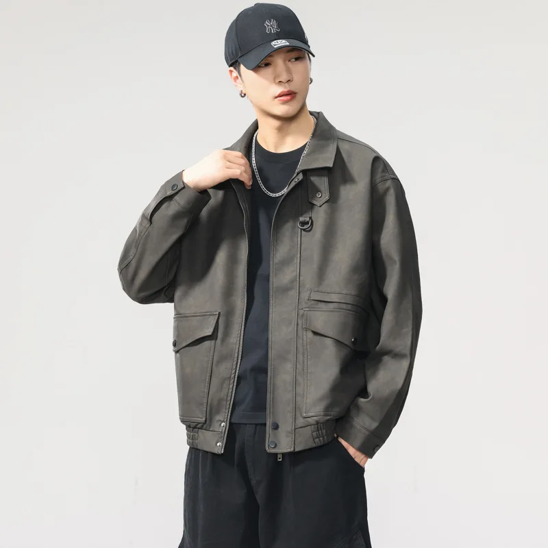 

American Sle Loose Men's Faux Leather Jaet Matte Fini Biker Vest Autumn Vintage Sle Casual Long Sve Coat