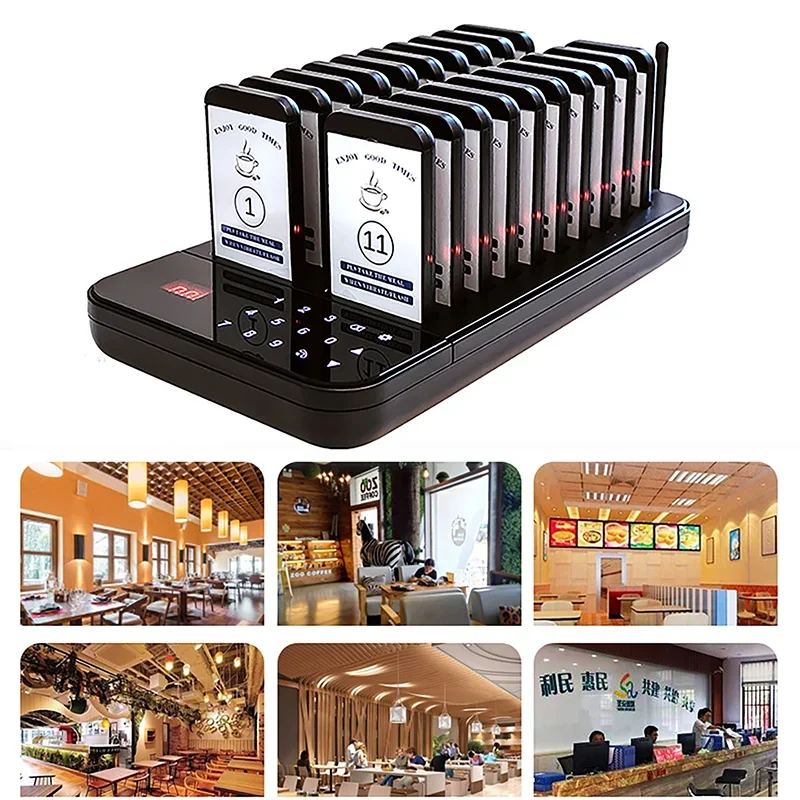 

Wireless Restaurant Pager Calling System 20 Coasters Buzzer Vibrator Bell Receiver For Food Truck Bar Coffee Fast Food Bar Cafe