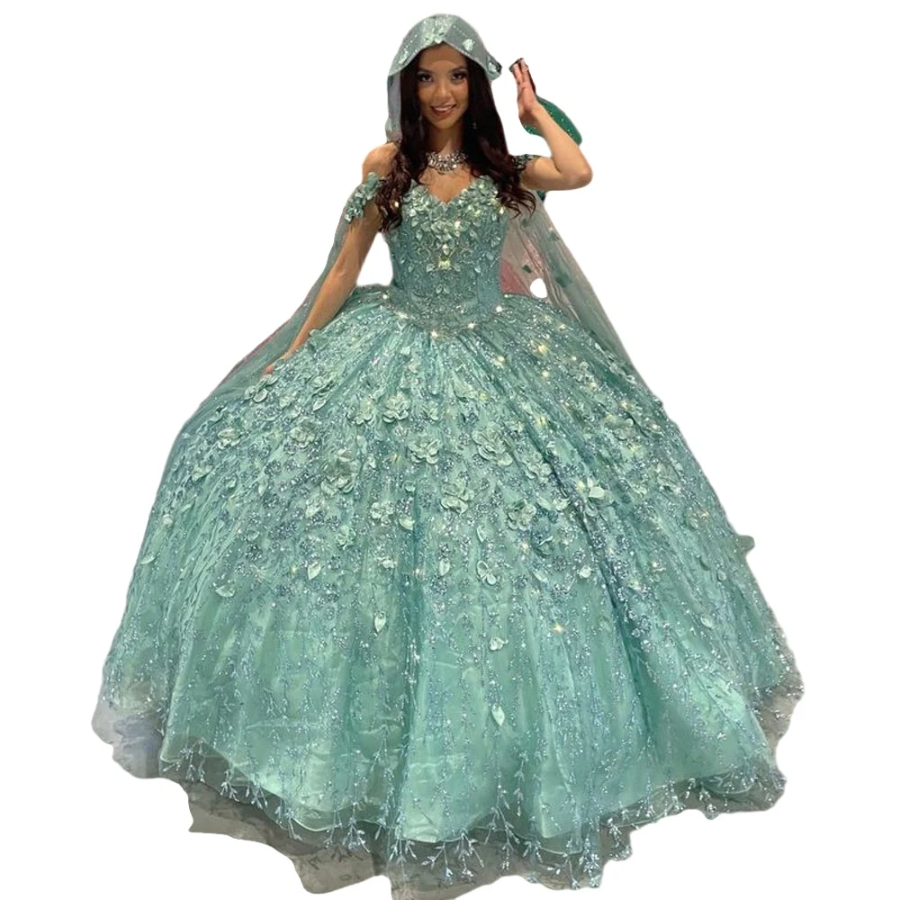 Verde menta Quinceanera dolce 16 abiti con mantello 3D Applique floreale con spalle scoperte Lace-up Prom bestie de quinceasenera 2023