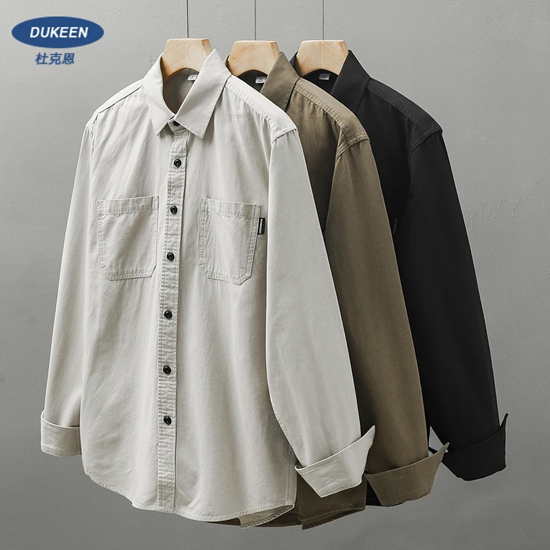 DUKEEN Pure Cotton Shirts for Men Spring Autumn Vintage Long Sleeve Solid Color Blouse Pocket Work Wear Casual Men's Clothing