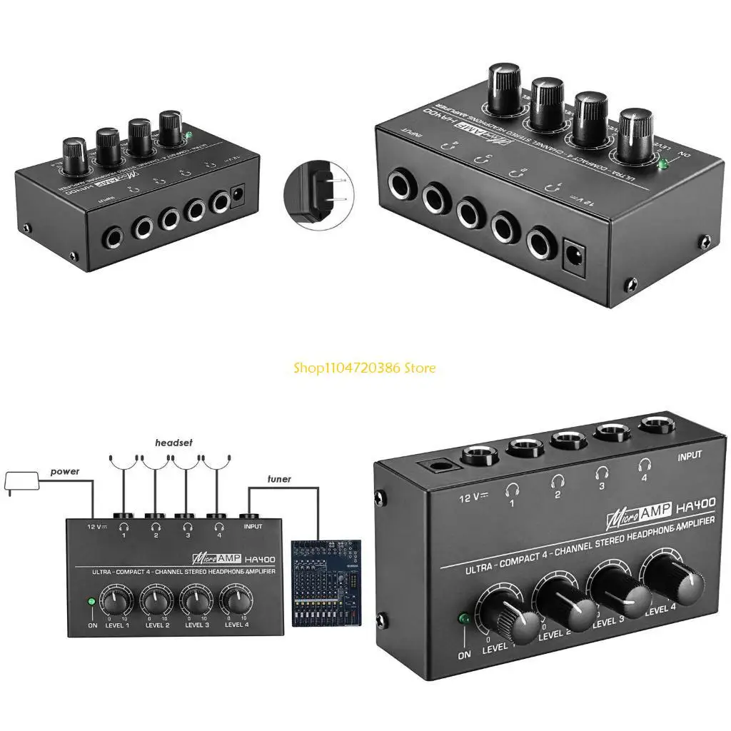 K0EA HA400 4 Channels Mini Au-dio Stereo Headset Headphone Amplifier with Power Adapter US UK EU Plug