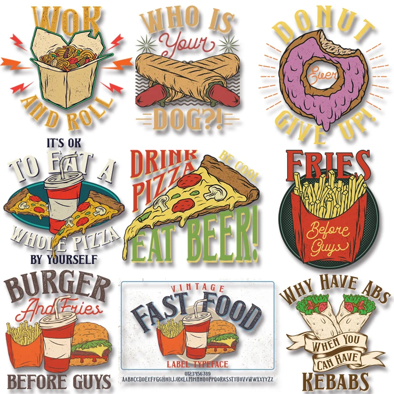 Food fries hamburger pizza drink letter pattern Iron On Transfer Patches for Clothing DIY T-shirt Washable Applique Decor