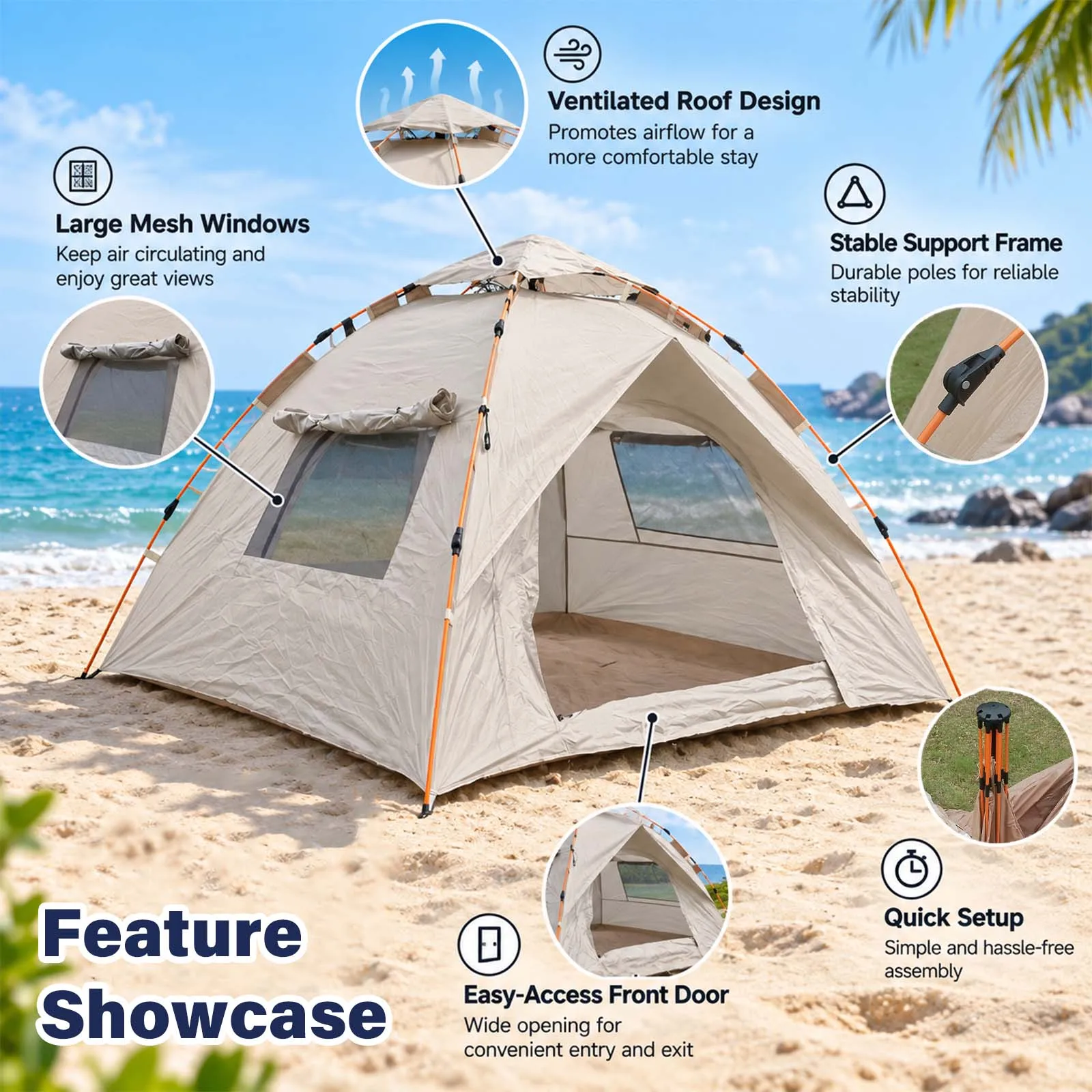 Pop Up Camping Tent Automatic Instant Setup 2 Person Gray Dome Tent 2 Doors 2 Windows for Beach Night Stargazing Outdoor