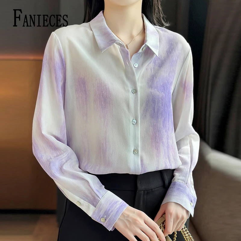 Elegant Office Ladies Shirts Purple 2025 Spring New Long Sleeve Gradient Chiffon Shirt Casual Blouses Camisas Women Clothing