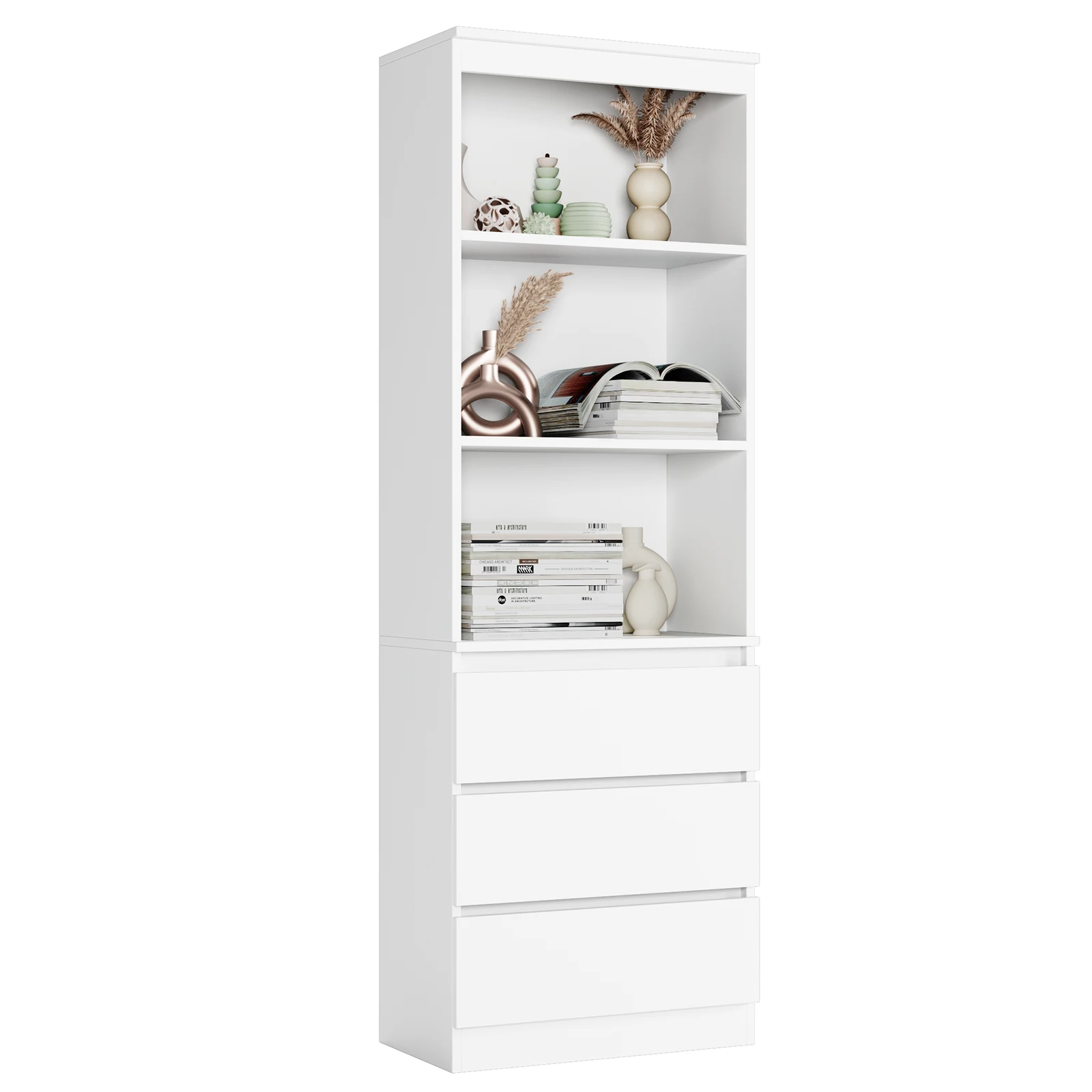Getone Bücherregal Hochschrank Bücherschrank mit 3 Schubladen 3 Fächern für Büro Wohnzimmer Küche 60x35x180cm weiß/Schwarz/Eiche