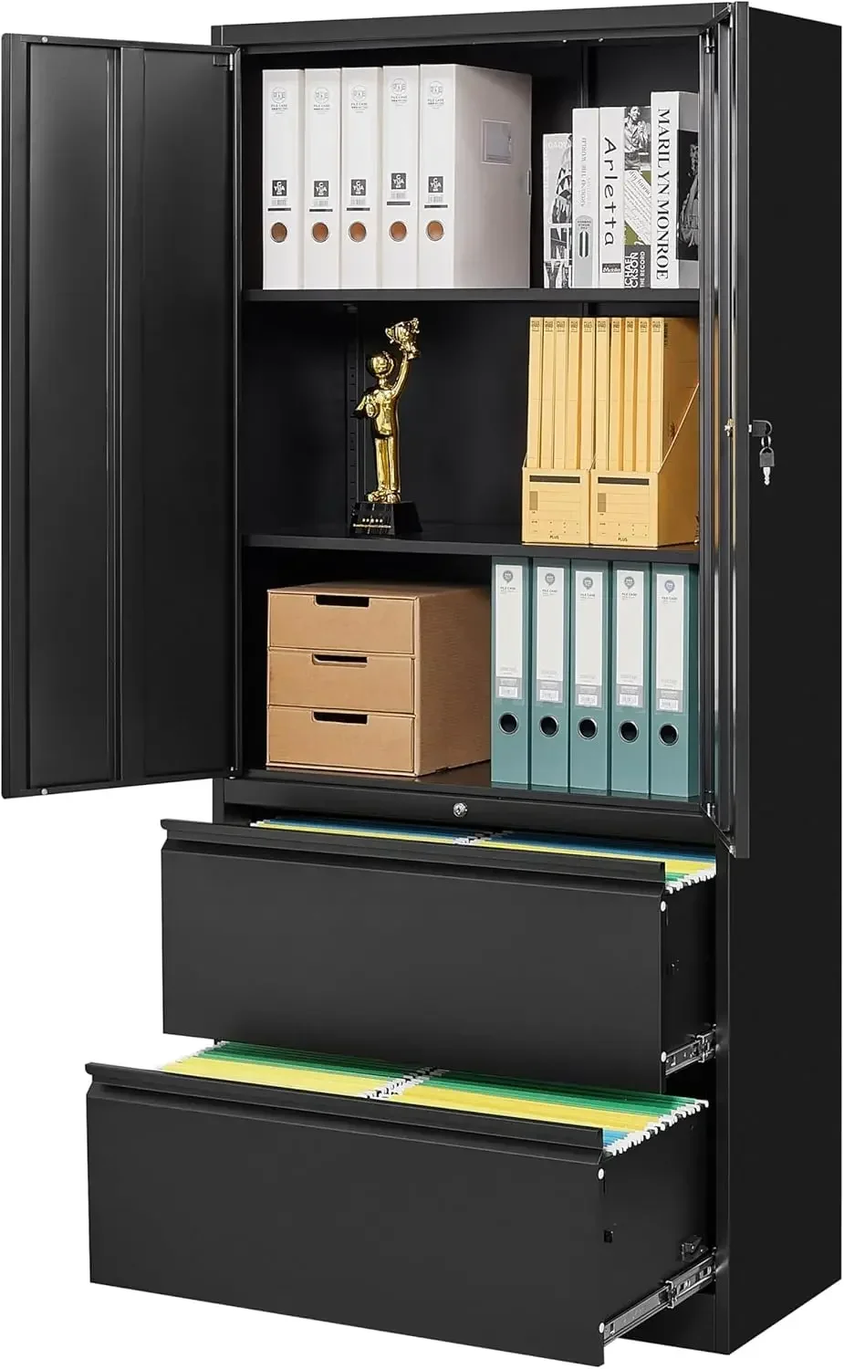 Black Metal Storage Cabinet with Drawers and Lock,Locking Steel Storage Cabinet with Doors and Shelves,71