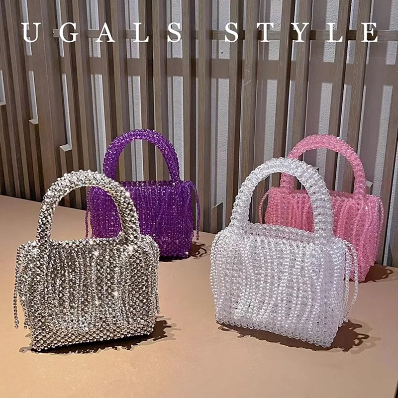 

Customized Transparent Handmade Totes with Tassel Quilted Beaded Bags Unique Casual Ladies Wedding Bridal Handbag Party Purse